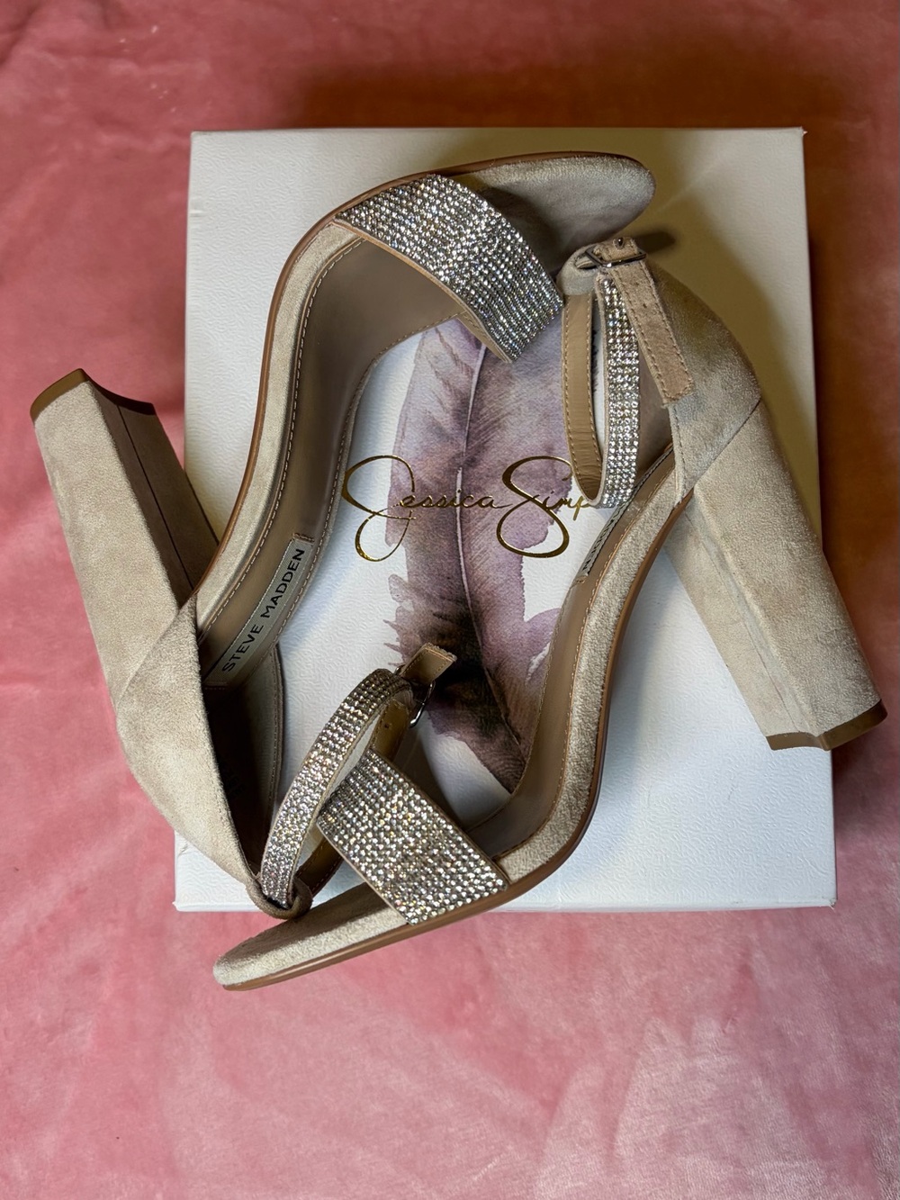 Jessica Simpson Gold Block Heel Sandals with Rhinestone Straps